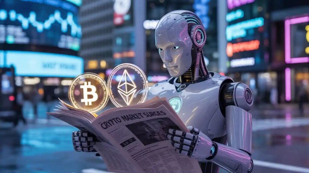 a robet has news paper reading crypto news